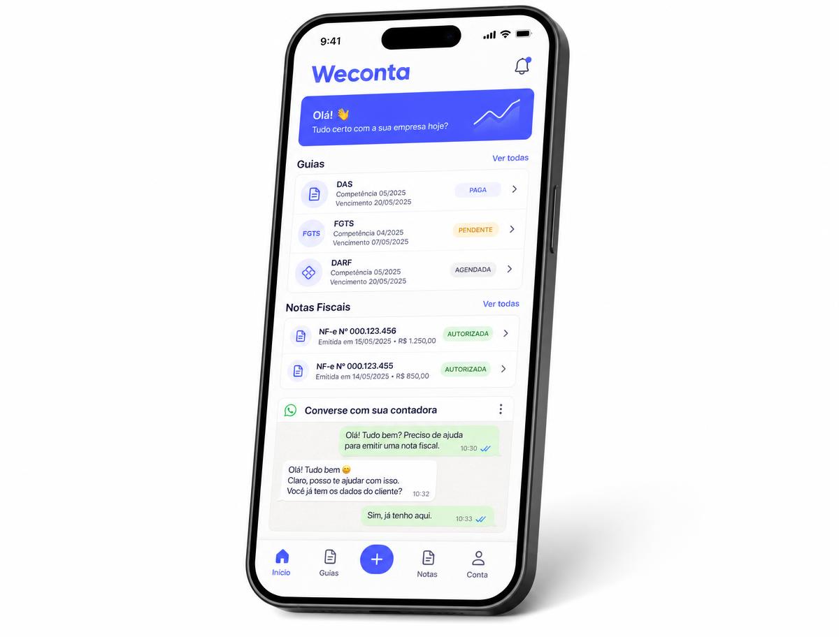 Aplicativo da Weconta mostrando guias, notas fiscais e conversa com a contadora