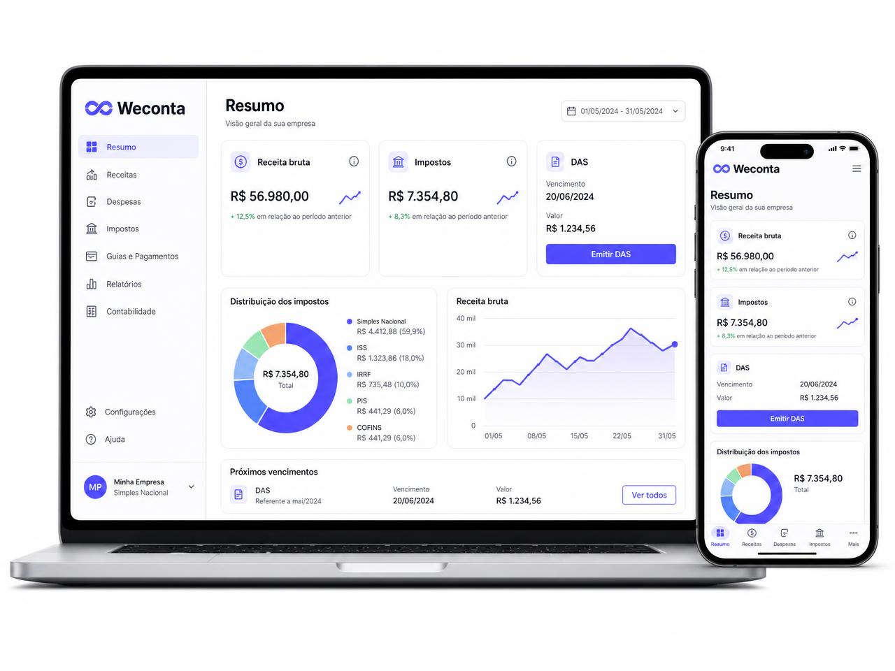 Plataforma Weconta: dashboard no notebook e aplicativo no celular com receita bruta, impostos e emissão do DAS